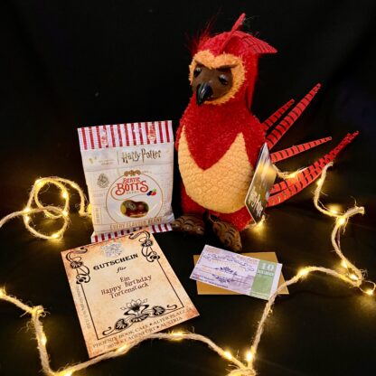 Phönix Geschenkpaket für Harry Potter Fans Fawkes, Bertie Botts Bohnen, Happy Birthday Torte, Gutschein